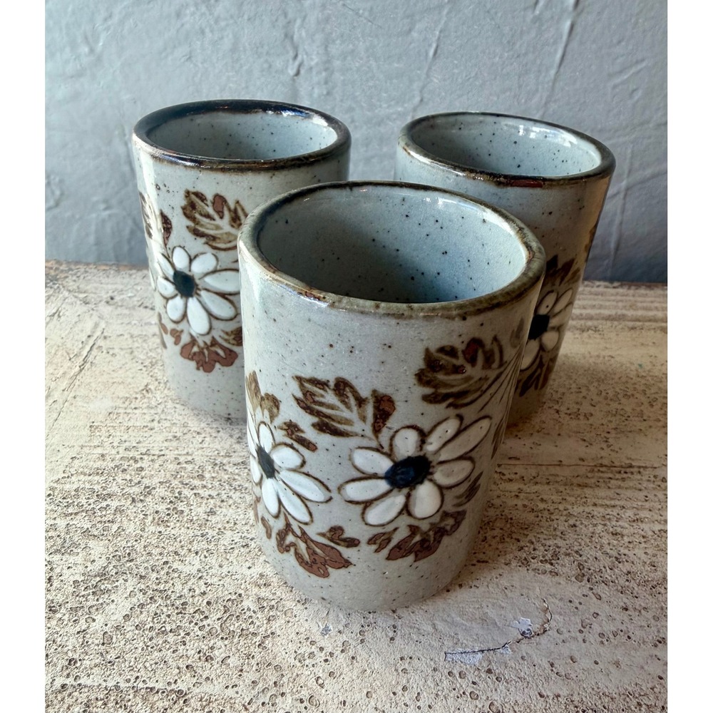 Vintage Mid Century Otagiri Original Speckled Stoneware, Daisy Floral cups